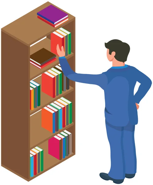 Estudiante tomando libro en librería icono de la biblioteca. Hombre en librería de pie cerca de librería con libros — Vector de stock