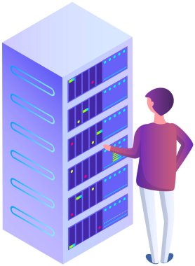 Sunucu yakınındaki sistem yöneticisi, endüstriyel cihaz. Veritabanı merkezi bilgi depolama, veri tabanı