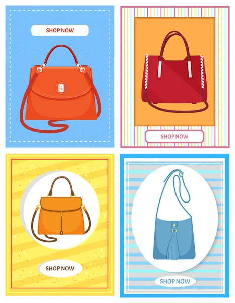 Εικονογράφηση κινουμένων σχεδίων των γυναικών τσάντα διάνυσμα εικονίδιο στο παρασκήνιο, αφίσα με κομψή τσάντα — Διανυσματικό Αρχείο