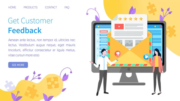 Programa de análise de marketing, pesquisa de feedback de clientes. Página Web de negócios para trabalhar com clientes — Vetor de Stock