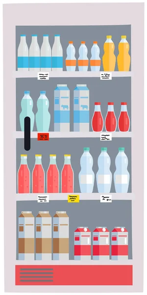 Équipement de refroidissement pour supermarché, épicerie. Vitrine réfrigérateur pour boissons fraîches en bouteilles — Image vectorielle