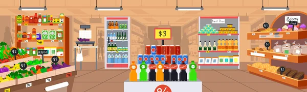 Vari reparti di supermercato moderno. Ipermercato, negozio alimentare per la vendita di generi alimentari, prodotti — Vettoriale Stock