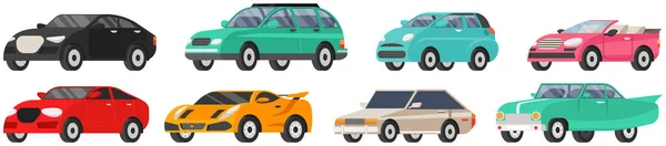 Um grande conjunto de automóveis, carro sedan. Transporte urbano. Carros de passageiros coloridos, vista lateral do veículo com rodas — Vetor de Stock