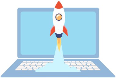 Rocket, startup symbol on monitor. Start of project, launch new plan, online business idea concept