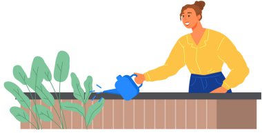 Sulama kabı olan kız doğayla ilgilenir. Bahçeyle ilgilenen ve ev bitkileriyle ilgilenen bir bayan.