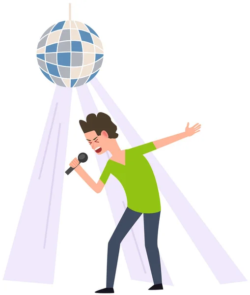 Man dancing, singing song and having fun. Guy while performing in nightclub with disco ball —  Vetores de Stock