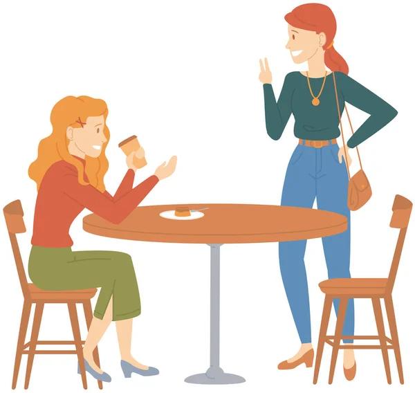 Η κοπέλα που κάθεται στο καφέ πίνει τσάι ή καφέ. Οι γυναίκες περνούν χρόνο και μιλάνε στην καφετέρια μαζί. — Διανυσματικό Αρχείο