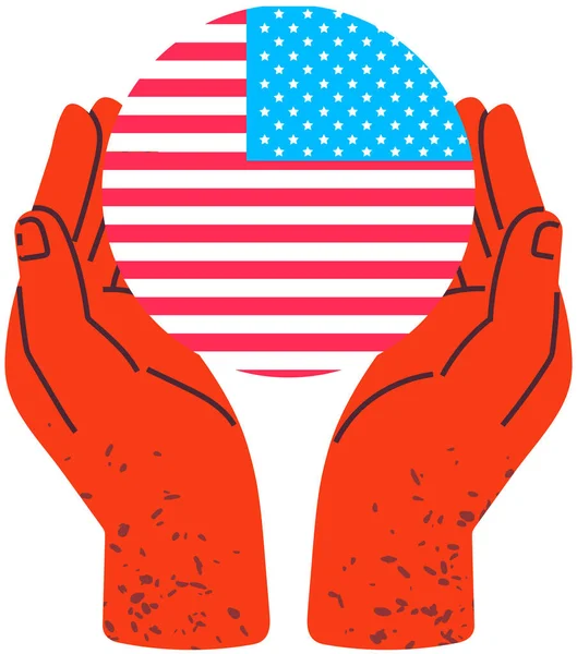 As mãos seguram a bandeira redonda da América. Símbolos, símbolos tradicionais do país. Emblema dos EUA, logotipo americano —  Vetores de Stock