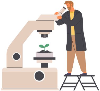 Biyolog bitki hücrelerini mikroskopla inceliyor. Laboratuvar ekipmanları ile biyolojik araştırma