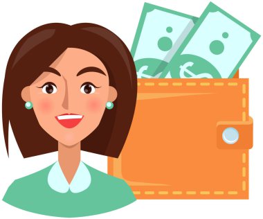 Parası, parası ve banknotları olan yetişkin bir iş kadını. Para birimlerinin yanında pozitif kadın, cüzdanda dolar.