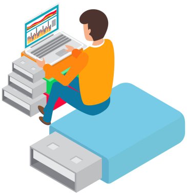 Adam web sitelerinde sörf yapıyor ve grafikleri analiz ediyor. Dijital hizmetler, İnternet programı teknolojisi, eğitim