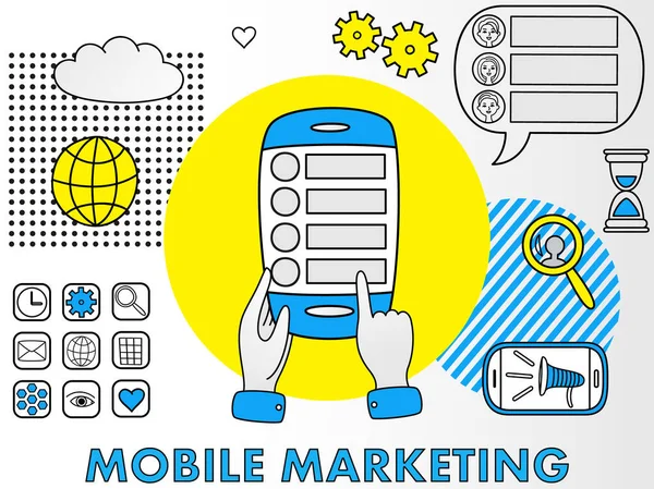Marketing móvil con aplicación para teléfonos inteligentes. Publicidad y promoción, compartir ideas en las redes sociales — Vector de stock