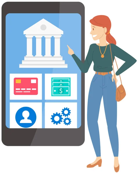 Çevrimiçi bankacılık uygulaması telefon ekranında. Kadın sanal para aktarımları için program kullanıyor — Stok Vektör