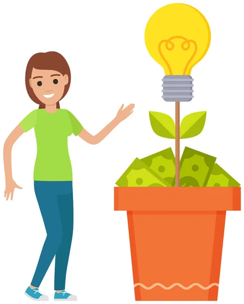 Happy lady dancing near money tree. Plant pot with light bulb and bills. Cultivation of ideas — Stockvector