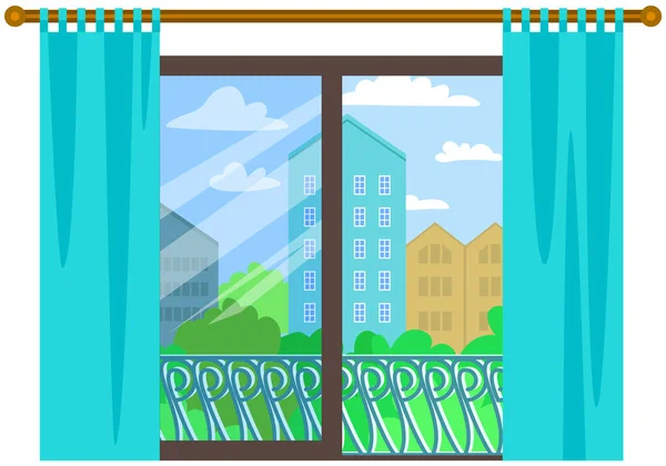 Panorâmica grande janela com cortinas. Elemento de design de interiores com vista para a paisagem urbana atrás de vidro — Vetor de Stock