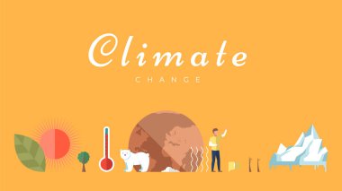 İklim değişikliği vektör şablonu. Kuzey Kutbu, eriyen buzullar, buz üstünde kutup ayısı