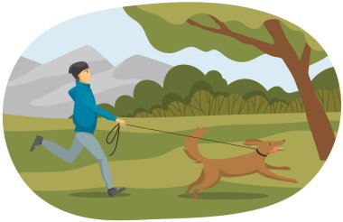 Parkta köpekle yürümek. Genç adam, köpeğiyle bahçeye çıkıyor. Güneşli bir gün. Sahibi ve evcil bir hayvan.