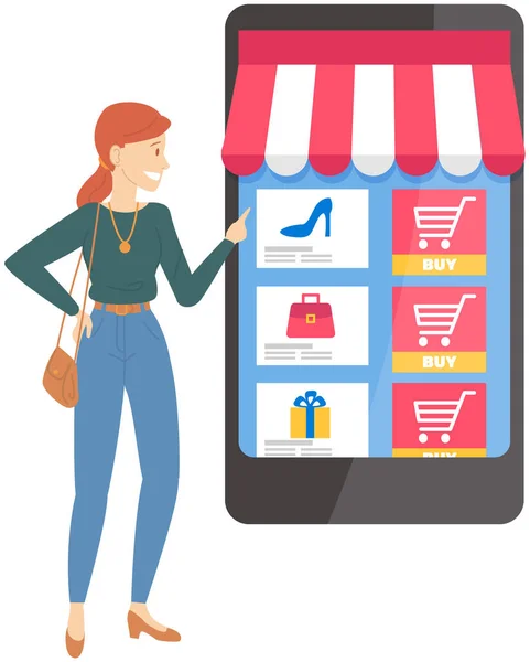 Young woman uses smartphone app for Internet shopping. Lady makes purchases in online store — Stock Vector