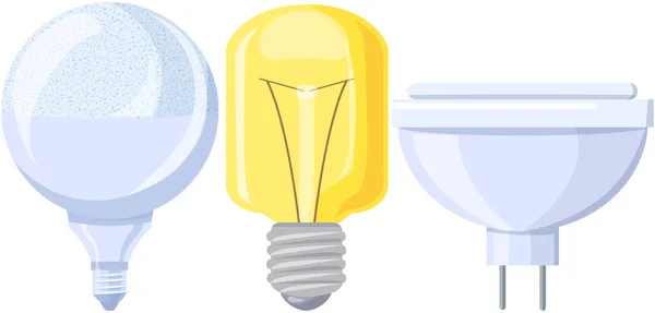 Set of light bulbs. Electric LEDs and incandescent lamps. Electrical appliances for lighting — Stok Vektör