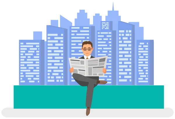Adult businessman with newspaper on background of skyscrapers. Rest of man with news in city — Stock vektor