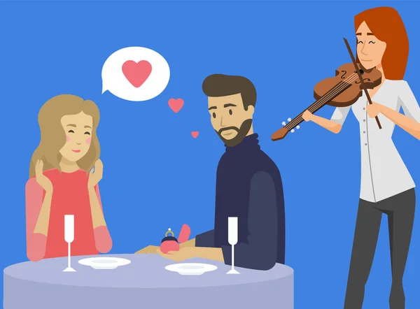 Man makes marriage proposal to girl in restaurant. Couple on date listens to live violinist music — Stockvector