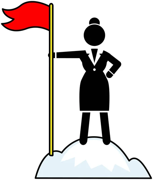 Success banner web icon, woman with flag standing on top of mountain, striving for goal, planning — Διανυσματικό Αρχείο