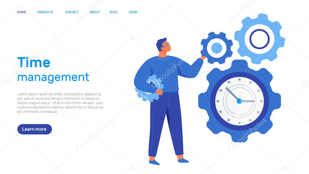 Man stands near gear with clock as symbol of time management. Working process, searching for ideas