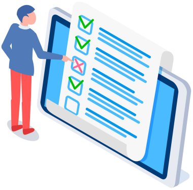 Tablet ekranında çevrimiçi inceleme kağıdı. Adam cevaplarla, test sonuçlarıyla, görevlerle boşlukları kontrol eder