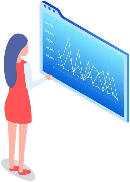 Жінка аналізує цифровий звіт зі статистикою. Статистичні показники та дані на діаграмі — стоковий вектор