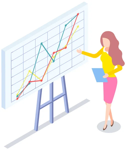 Mulher analisa relatório digital com estatísticas. Indicadores estatísticos e dados sobre o diagrama —  Vetores de Stock