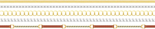 Metal chainlets with variety chain links. Gold, silver, stainless steel necklaces vector isolated — ストックベクタ