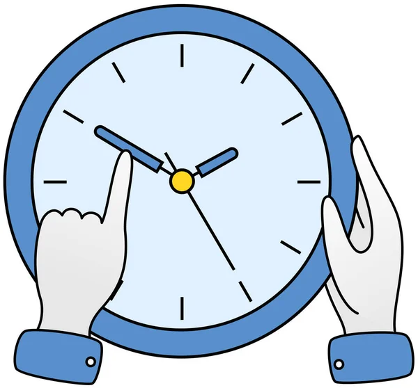 En person håller hand om klockan för att fördröja tiden. Karaktär med klocka vill ta itu med deadline — Stock vektor