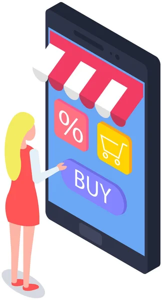 Shopping app med kvinna trycker på köpa knappen från webbutik. Tjänst för inköp av varor i butik — Stock vektor