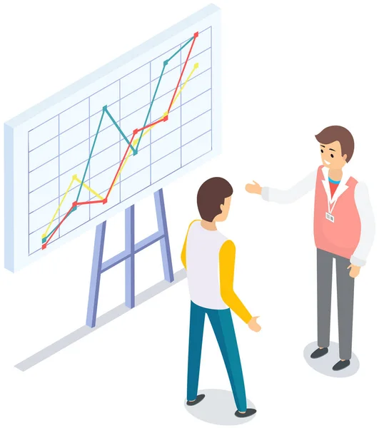 La gente de negocios que se comunica en la oficina discute estadísticas, analiza diferentes gráficos y gráficos — Archivo Imágenes Vectoriales