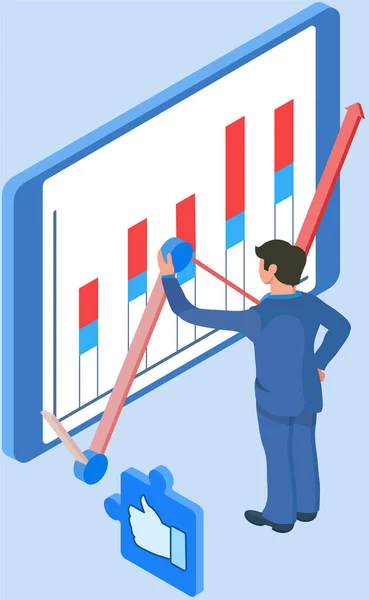 L'uomo analizza il report digitale con i dati. Indicatori statistici e visualizzazione grafica delle informazioni — Vettoriale Stock