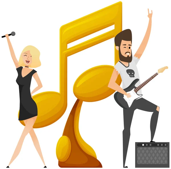 Concert, music festival with people singing near trophy. Musicians making show at awards ceremony — Stock Vector