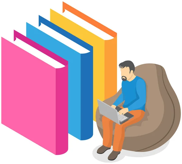 Student taking book at library icon bookcase. Man at bookstore standing near bookshelf with books — Stock Vector