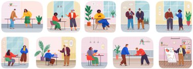 Ofis işleri hakkında bir dizi çizim. İnsanlar iletişim kuruyor, iş yerinde sohbet ediyorlar.