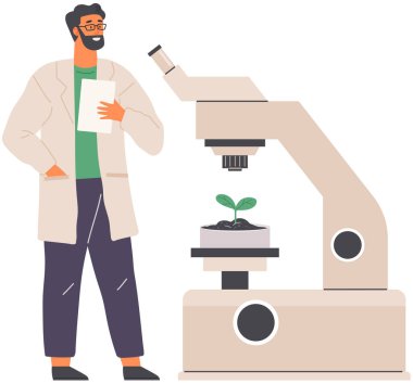 Biologist studies plant cell with microscope. Biological research with laboratory equipment