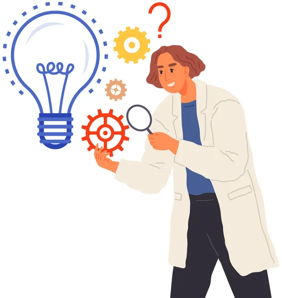 Woman in lab coat creates plan of new project. Lady working on innovative idea light bulb and gears — Stock vektor