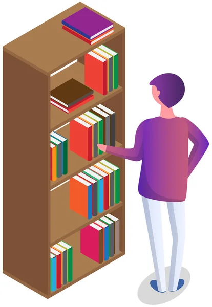 Student taking book at library icon bookcase. Man at bookstore standing near bookshelf with books — Stock Vector