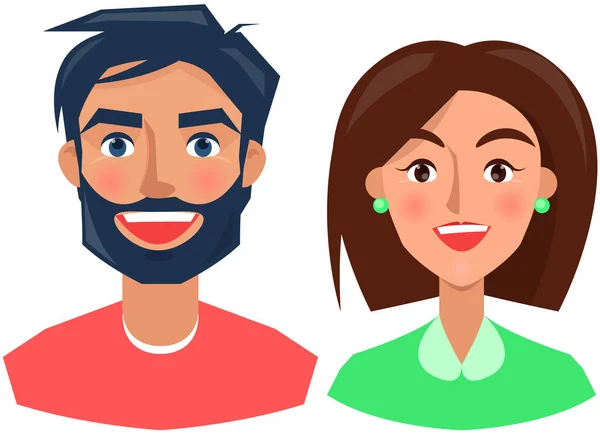 Positive face expression of young family. Cheerful, joyful people with emotion of happiness, joy — Stockvector