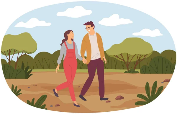 People in love spending time together oudoor. Couple in relationship walks by handle in forest — Stock Vector