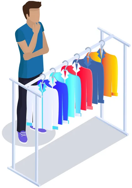 Choosing clothes in store, shopping concept. Male buyer chooses clothing in dressing room — Vetor de Stock