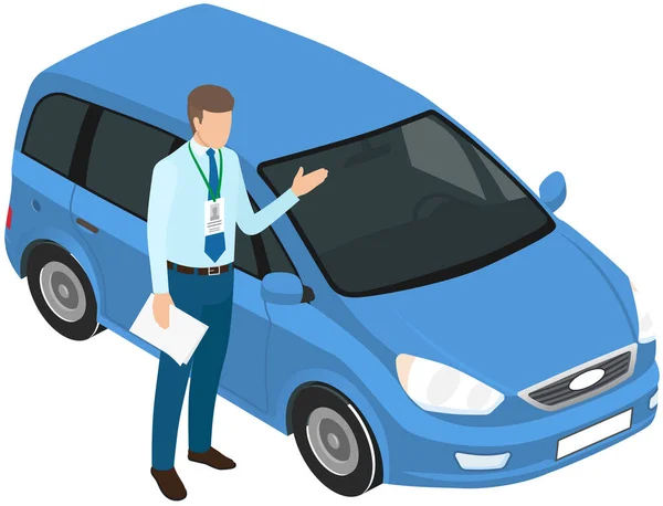 Sale of new car. Seller at automobile showroom shows vehicle. Buying, selling, renting cars — Vector de stock