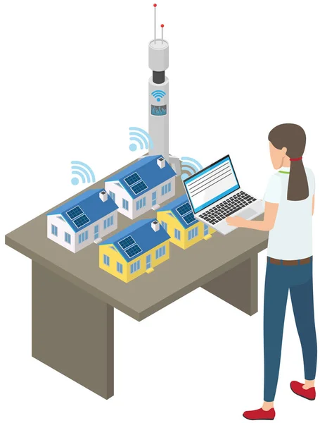 Tecnologia per il controllo remoto del sistema smart home tramite connessione Wi-Fi o Internet con laptop — Vettoriale Stock