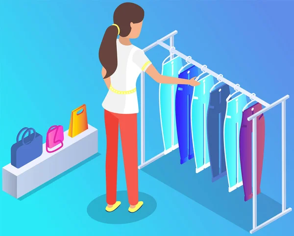 Choisir des vêtements en magasin, concept shopping. Femme acheteur choisit des vêtements dans le vestiaire — Image vectorielle