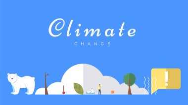 İklim değişikliği vektör şablonu. Kuzey Kutbu, eriyen buzullar, buz üstünde kutup ayısı