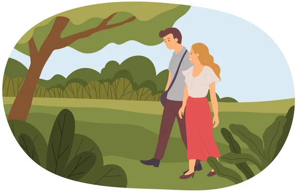 People in love spending time together oudoor. Couple in relationship walks by handle in forest — Stok Vektör
