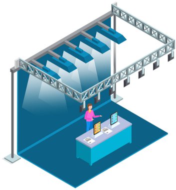 Yeni ürünün sunumunu yapan kadın. Işıklı ve arka planlı reklam köşkü